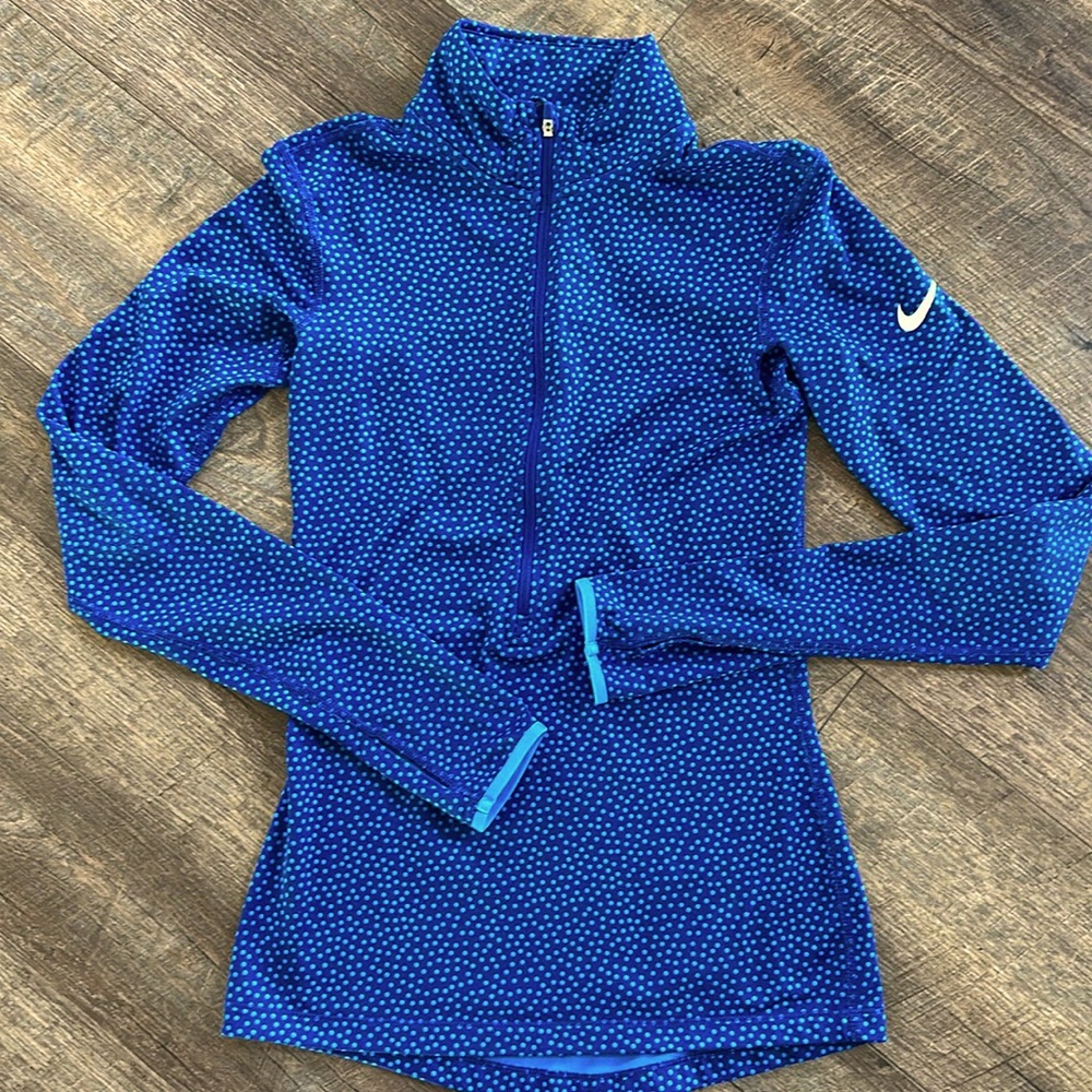 Nike Pro 3/4 zip running pullover in blue polka dots